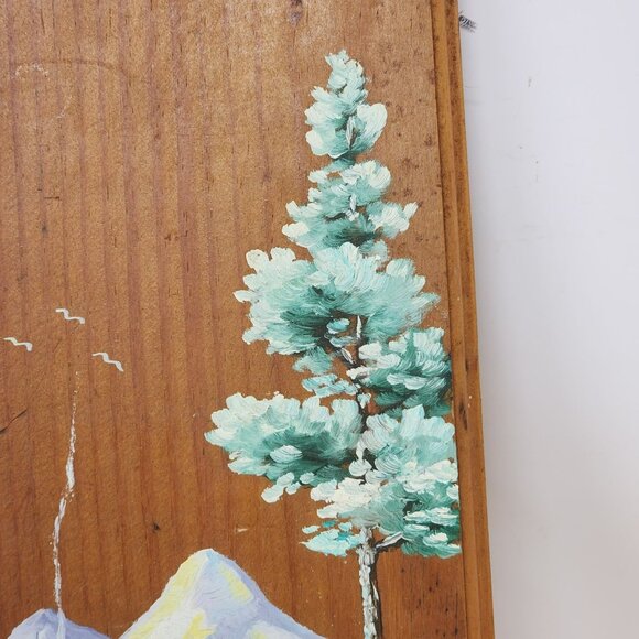 Vintage Wood Wall Art With Winter Mountain Scene By Wicker - Picture 3 of 7